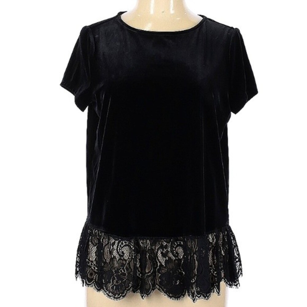 Adrianna Papell Black Velvet and Lace Short Sleeve Top - Size L